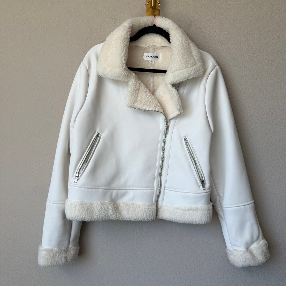 Vigoss Y2K White Vegan Leather Sherpa Moto Jacket Size L - Picture 2 of 7